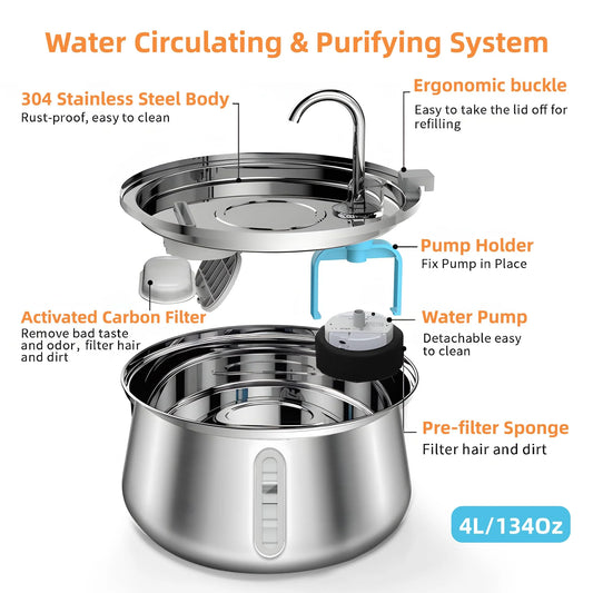 4L Cat Drinking Fountain Automatic Stainless Steel Pet Cats Water Dispenser Ultra-quiet Pump Drink Foutain For Multiple Pets